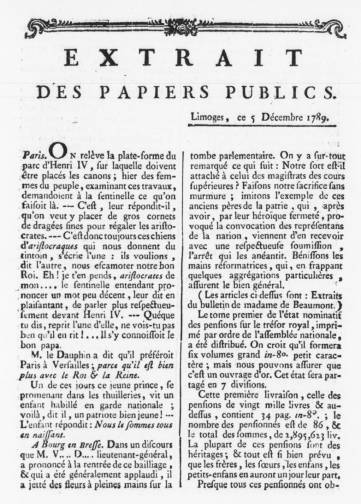 Couverture de Bulletin ou extraits des papiers publics, publié le 11 novembre 1789