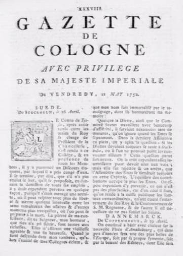 Couverture de Gazette de Cologne, publié le 04 janvier 1752