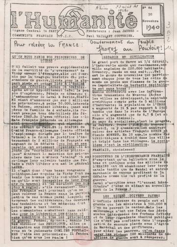 Couverture de Humanité (zone Sud), publié le 15 août 1940