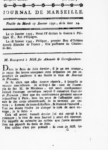 Couverture de Journal de Marseille (1792), publié le 17 janvier 1792