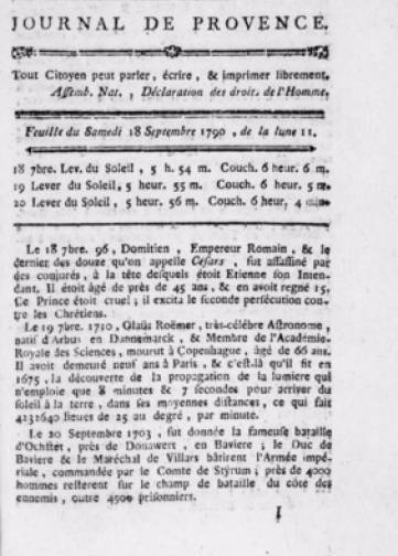 Couverture de Journal de Provence, publié le 01 janvier 1789