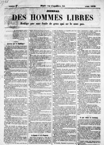 Couverture de Journal des hommes libres, publié le 01 avril 1849