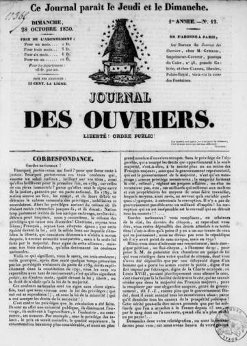 Couverture de Journal des ouvriers, publié le 19 septembre 1830
