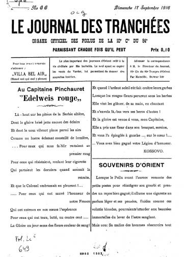 Couverture de Journal des tranchées, publié le 17 septembre 1916