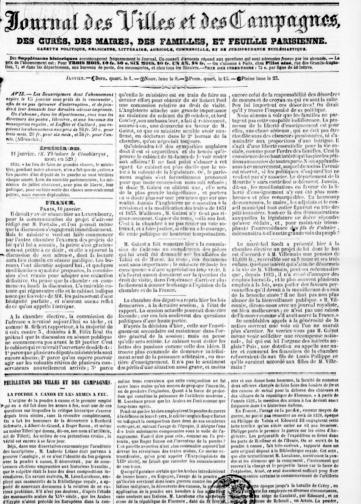 Couverture de Journal des villes et des campagnes, publié le 03 novembre 1842
