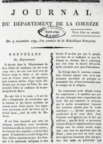 Couverture de Journal du département de la Corrèze, publié le 25 août 1792