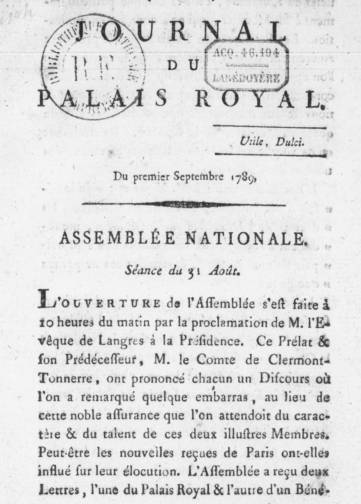 Couverture de Journal du Palais-Royal, publié le 01 septembre 1789