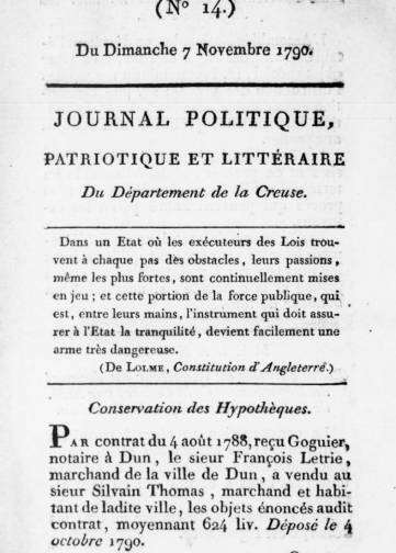 Couverture de Journal du département de la Creuse, publié le 07 novembre 1790