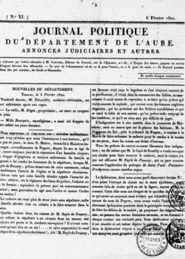 Couverture de Journal politique du département de l'Aube, publié le 06 février 1820