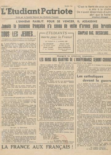 Couverture de L'Etudiant patriote, publié le 11 novembre 1941