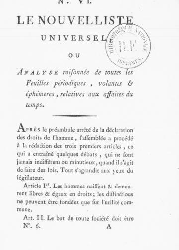 Le Nouvelliste universel ou Analyse raisonnée de toutes les feuilles périodiques volantes et éphémères relatives aux affaires du temps (1789)