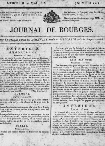 Couverture de Journal de Bourges, publié le 14 avril 1816