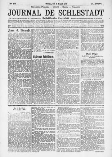 Couverture de Journal de Schlettstadt, publié le 02 janvier 1919