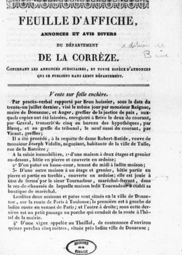 Feuille d'affiche, annonces et avis divers de l'arrondissement de Brive, département de la Corrèze (1820-1835)