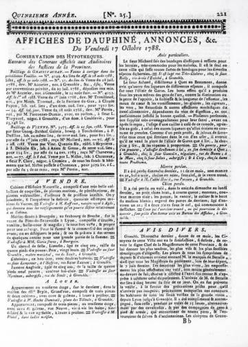 Affiches, annonces et avis divers du Dauphiné (1774-1792)