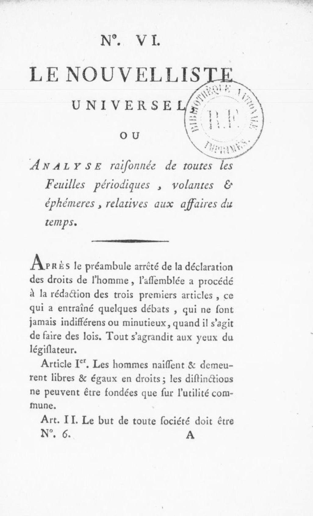 Le Nouvelliste universel ou Analyse raisonnée de toutes les feuilles périodiques volantes et éphémères relatives aux affaires du temps (1789)