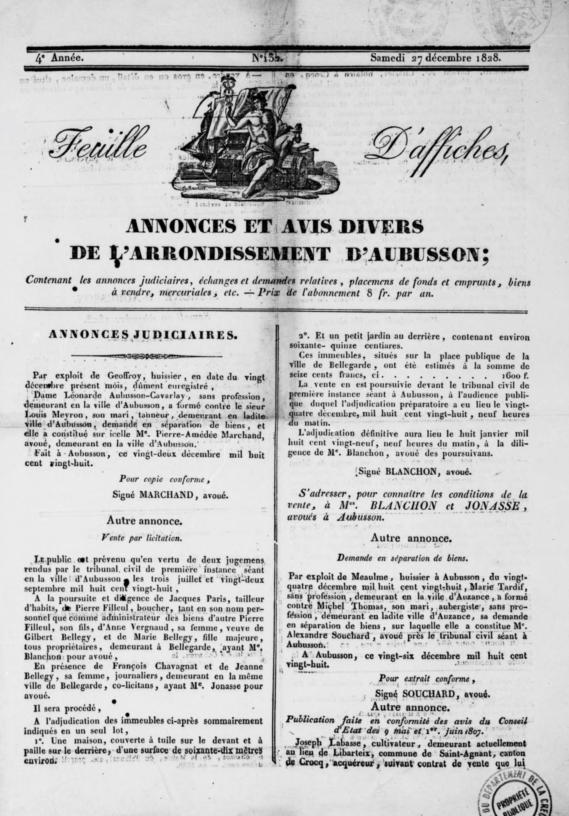 Feuille d’affiches, annonces et avis divers de l’arrondissement d’Aubusson, département de la Creuse (1825-1829)