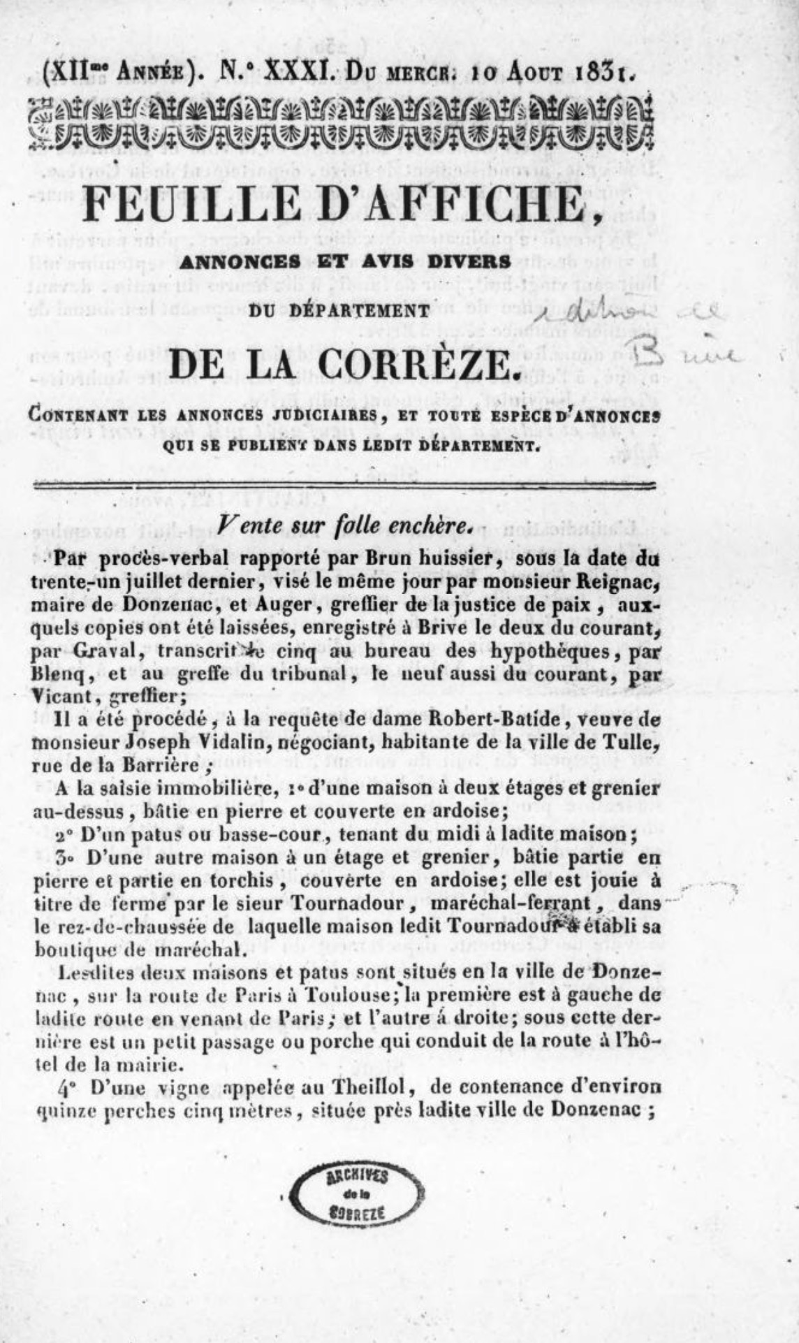 Feuille d'affiche, annonces et avis divers de l'arrondissement de Brive, département de la Corrèze (1820-1835)