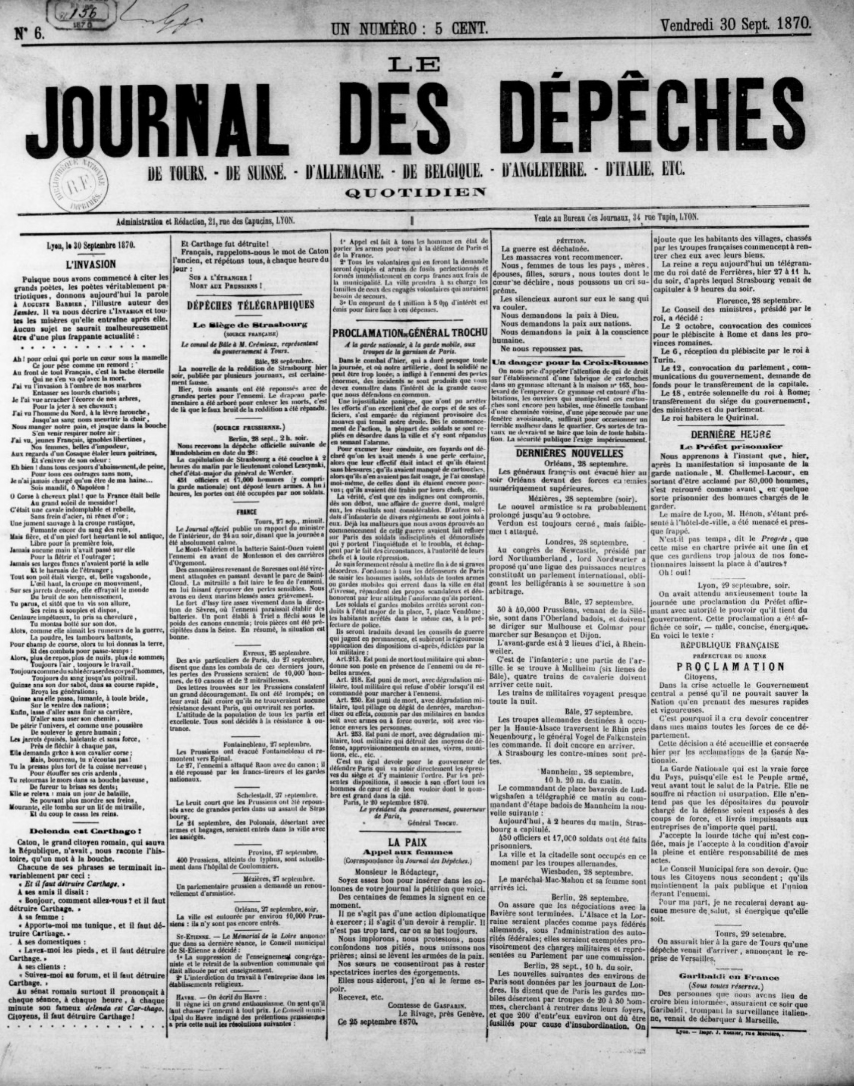 Le Journal des dépêches de Tours, de Suisse, d'Allemagne, de Belgique, d'Angleterre, d'Italie (1870)